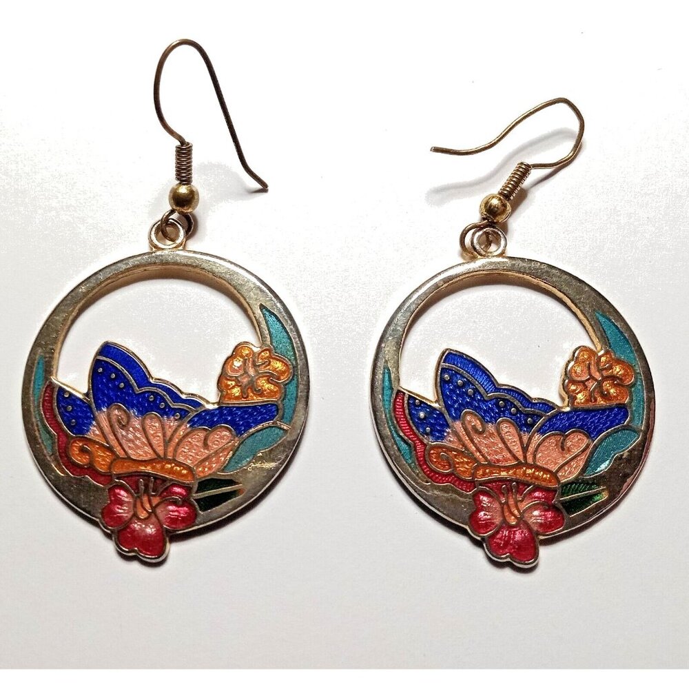 VINTAGE 70s Cloisonne Blue Enamel Butterfly Flower Earrings Open Work Dangle
